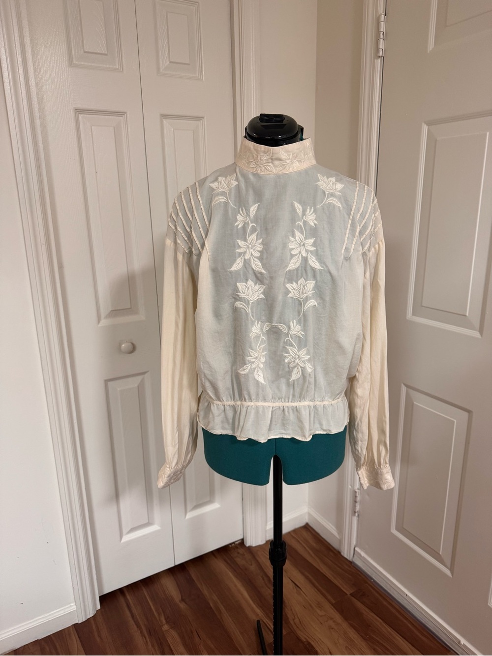 Embroidered High-Neck Cream Blouse with Pintuck Shoulders